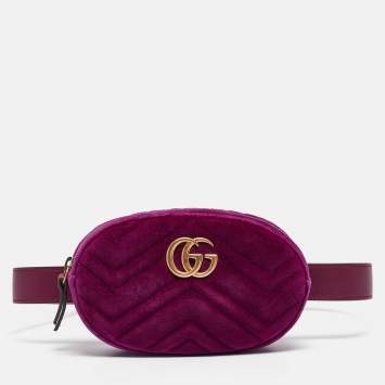 Pre Owned Gucci Purple Matelassé Velvet Mini GG Marmont Belt Bag