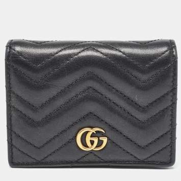 Pre Owned Gucci Black Matelassé Leather GG Marmont Card Case 