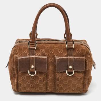 Pre Owned Gucci Brown GG Suede and Leather Boston Bag