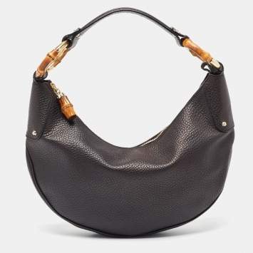 Pre Owned Gucci Black Leather Bamboo Ring Hobo