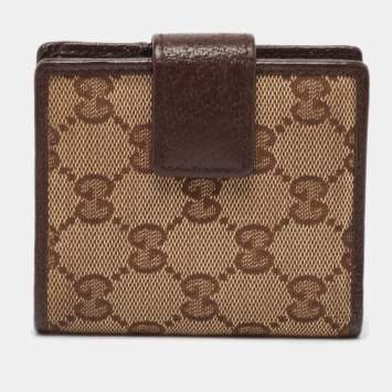 Pre Owned Gucci Beige/Brown GG Canvas and Leather Flap Bifold Wallet