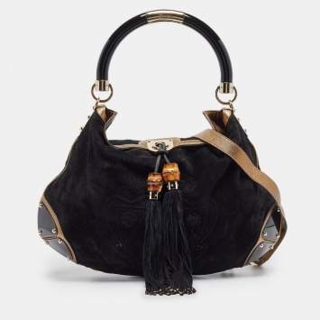 Pre Owned Gucci Black/Gold Hysteria Embossed Suede Large Indy Hobo