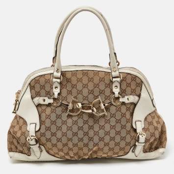 Pre Owned Gucci Beige/Off White GG Canvas and Leather Bag