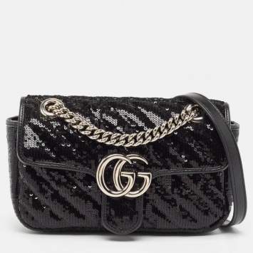 Pre Owned Gucci Black Diagonal Sequins and Leather Mini GG Marmont Shoulder Bag