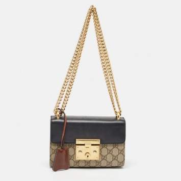 Pre Owned Gucci Black/Beige GG Supreme Canvas and Leather Small Padlock Shoulder Bag
