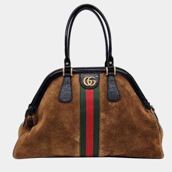Pre Owned Gucci Brown Leather and Suede Rebelle Top Handle Bag