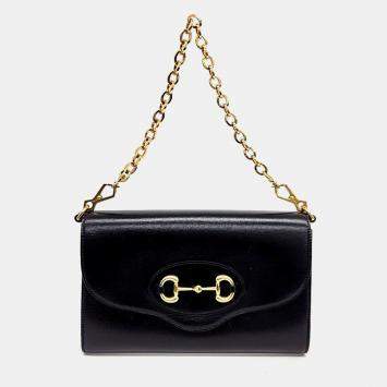 Pre Owned Gucci Black Leather 1955 Horsebit Chain Shoulder Bag
