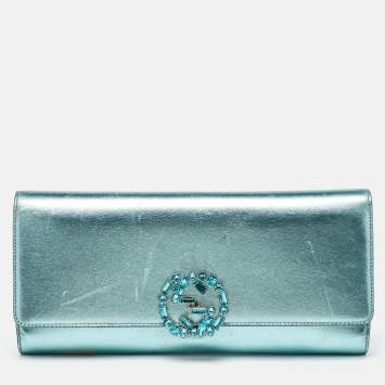 Pre Owned Gucci Metallic Leather Crystal Interlocking G Broadway Clutch