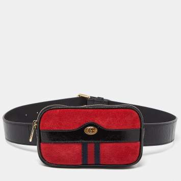 Pre Owned Gucci Red/Black Suede and Patent Leather Ophidia Belt Bag