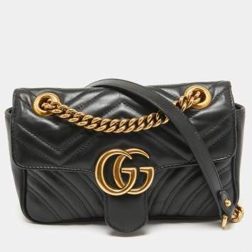 Pre Owned Gucci Black Matelassé Leather Mini GG Marmont Shoulder Bag