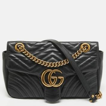 Pre Owned Gucci Black Matelass�é Leather Small GG Marmont Shoulder Bag