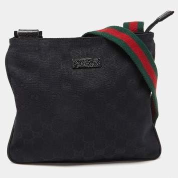 Pre Owned Gucci Black GG Canvas Zip Web Crossbody Bag