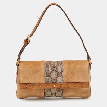 Pre Owned Gucci Two Tone Beige GG Canvas, Suede and Leather Flap Pochette 