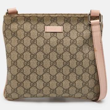 Pre Owned Gucci Beige/Pink GG Supreme Canvas and Patent Leather Crossbody Bag