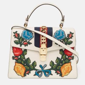 Pre Owned Gucci White Leather Floral Embroidered Medium Sylvie Top Handle Bag