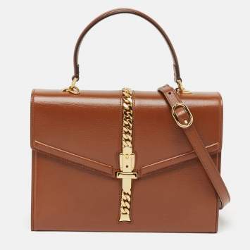 Pre Owned Gucci Brown Leather Sylvie 1969 Top Handle Bag