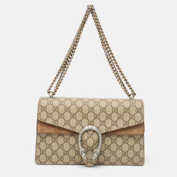 Pre Owned Gucci Beige GG Supreme Canvas and Suede Small Dionysus Shoulder Bag
