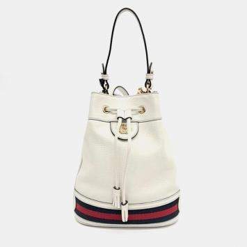 Pre Owned Gucci Ivory/Navy Blue/Red Leather Ophidia Small Bucket Bag