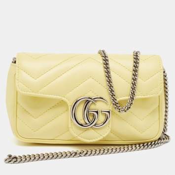 Pre Owned Gucci Yellow Matelassé Leather Super Mini GG Marmont Shoulder Bag