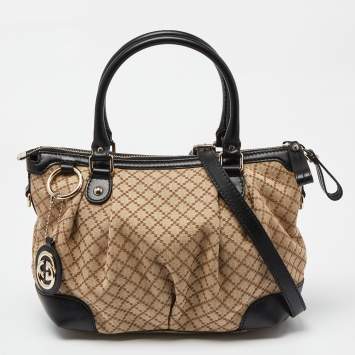 Pre Owned Gucci Black/Beige Diamond Canvas and Leather Medium Sukey Tote