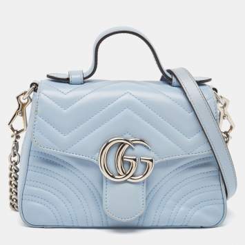 Pre Owned Gucci Blue Matelassé Leather Mini GG Marmont Top Handle Bag