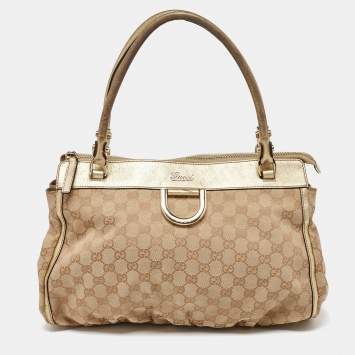 Pre Owned Gucci Beige/Gold GG Canvas and Leather D Ring Satchel
