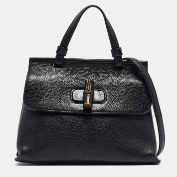 Pre Owned Gucci Black Leather Small Bamboo Daily Top Handle Bag