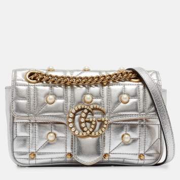Pre Owned Gucci Silver Matelassé Leather Mini GG Marmont Pearl Shoulder Bag