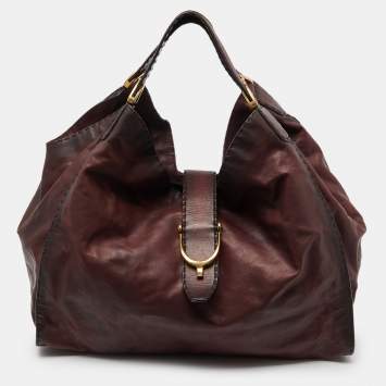 Pre Owned Gucci Two Tone Burgundy Leather Stirrup Shoulder Bag