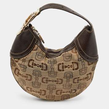 Pre Owned Gucci Beige/Ebony Horsebit Print Canvas and Leather Mini Hobo