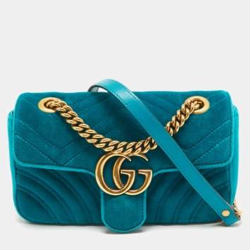 Pre Owned Gucci Teal Matelassé Velvet Mini GG Marmont Shoulder Bag
