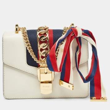 Pre Owned Gucci Off White Leather Mini Web Chain Sylvie Crossbody Bag