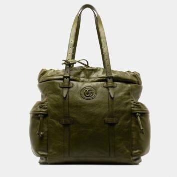 Pre Owned Gucci Green Leather Double G Drawstring Tote Bag