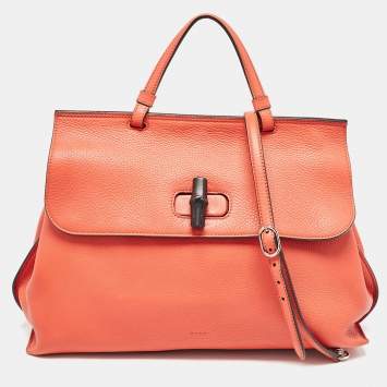 Pre Owned Gucci Orange Leather Large Bamboo Daily Top Handle Bag