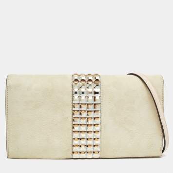 Pre Owned Gucci Beige Suede Crystals Embellished Flap Chain Clutch