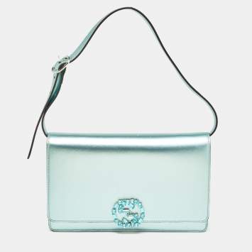 Pre Owned Gucci Metallic Mint Green Leather Crystals Broadway Clutch Bag