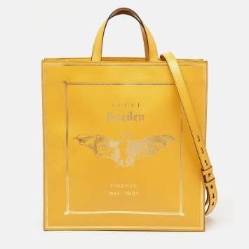 Pre Owned Gucci Mustard Leather Garden Bat Vertical Shopping Tote