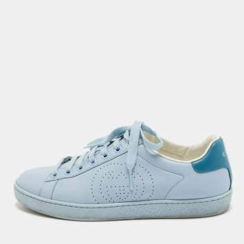 Pre Owned Gucci Blue Leather Perforated Interlocking G Ace Sneakers Size 35.5
