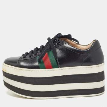 Pre Owned Gucci Black Leather Web Peggy Platform Sneakers Size 36