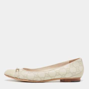 Pre Owned Gucci Cream Monogram Leather Cap Toe Ballet Flats Size 38