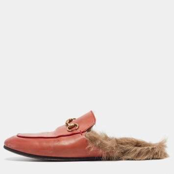 Pre Owned Gucci Pink Leather Princetown Flat Mules Size 37
