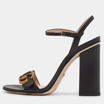 Pre Owned Gucci Black Leather GG Marmont Block Heel Ankle Strap Sandals Size 36