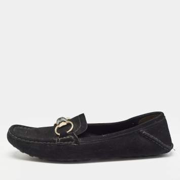 Pre Owned Gucci Black Suede Bamboo Horsebit Loafers Size 39
