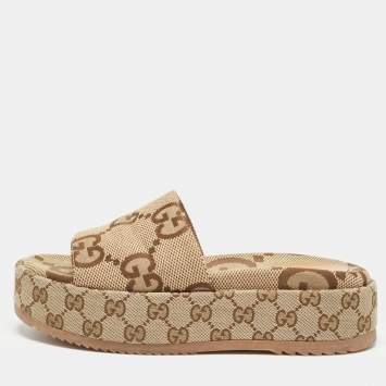 Pre Owned Gucci Beige Jumbo GG Canvas Platform Slides Size 38