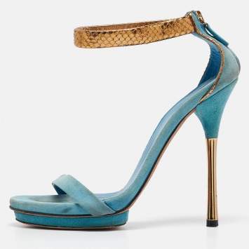 Pre Owned Gucci Blue Suede Kelis Ankle Strap Sandals Size 38