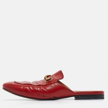 Pre Owned Gucci Red Leather Princetown Flat Mules Size 37.5 