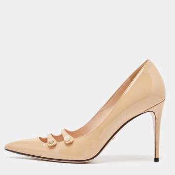 Pre Owned Gucci Beige Patent Aneta Pointed Toe Pumps Size 37.5