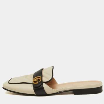 Pre Owned Gucci Black/Cream Quilted Leather GG Flat Mules Size 38