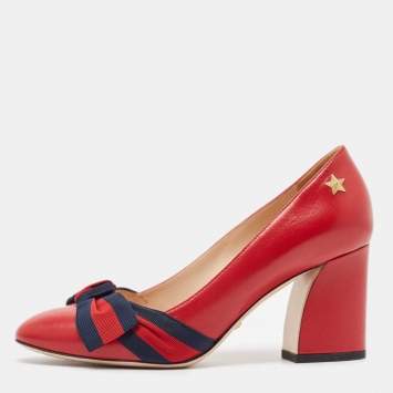 Pre Owned Gucci Red Leather Web Bow Block Heel Pumps Size 36