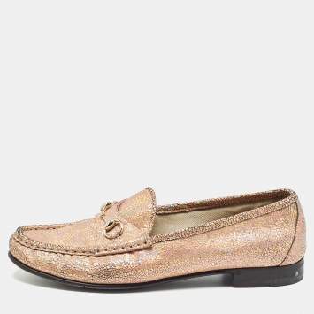 Pre Owned Gucci Metallic Pink Textured Suede Horsebit Loafers Size 40 